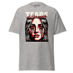 Grey unisex adult tee with crying woman graphic and tears of strength shirt text