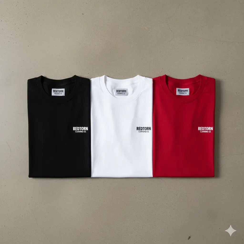 Three Redtorn Clothing crew neck t-shirts in black, white, red with embroidered logo