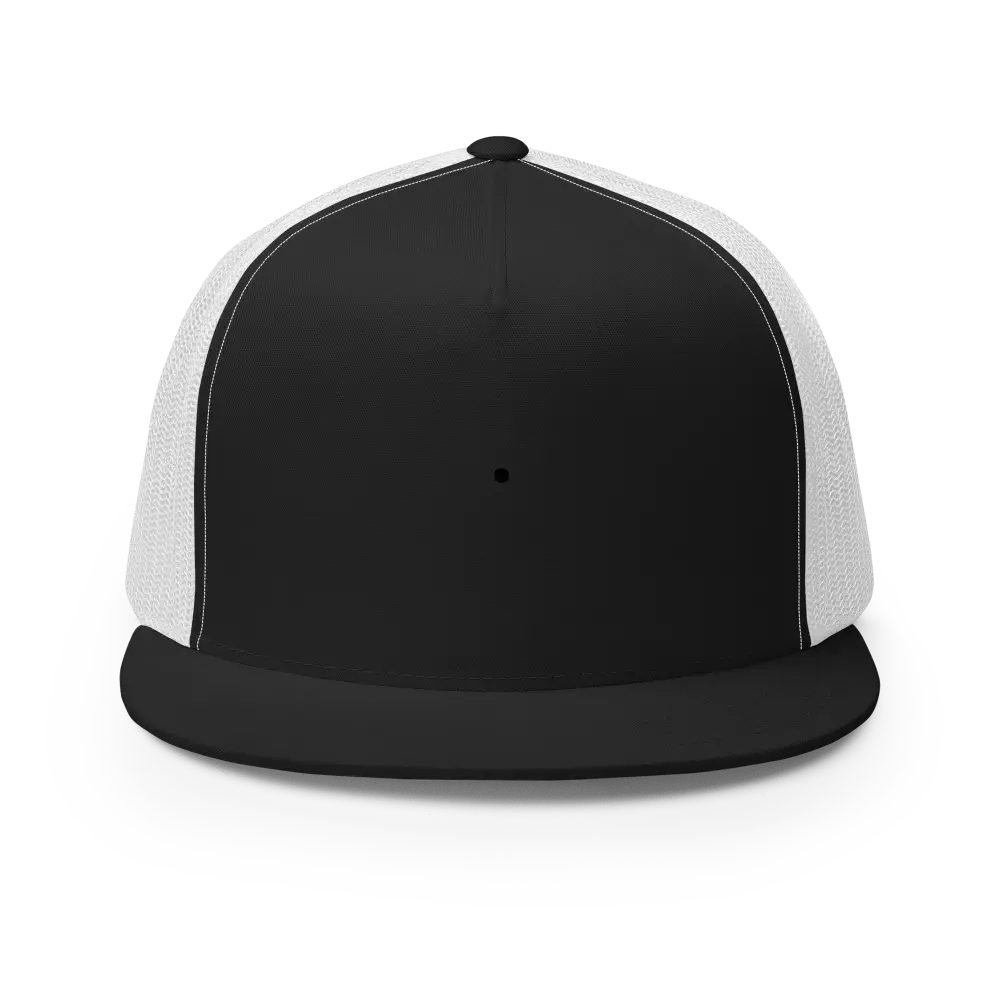 Unisex black mesh trucker cap from Redtorn Clothing, flat brim design