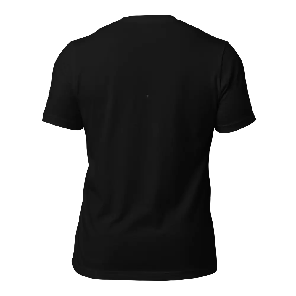 Unisex black cotton t-shirt with short sleeves, crew neck, and white logo