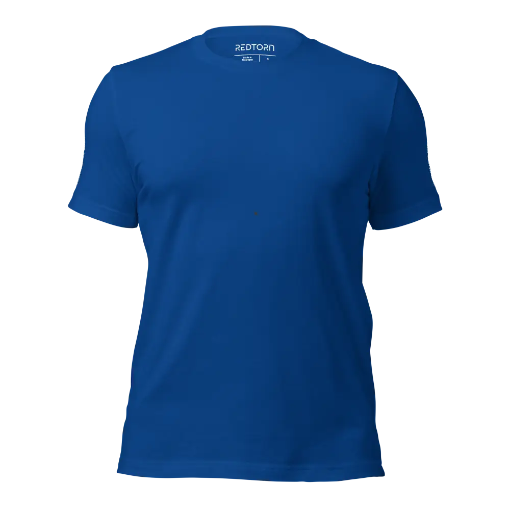 Unisex black cotton t-shirt with white logo and royal blue accents