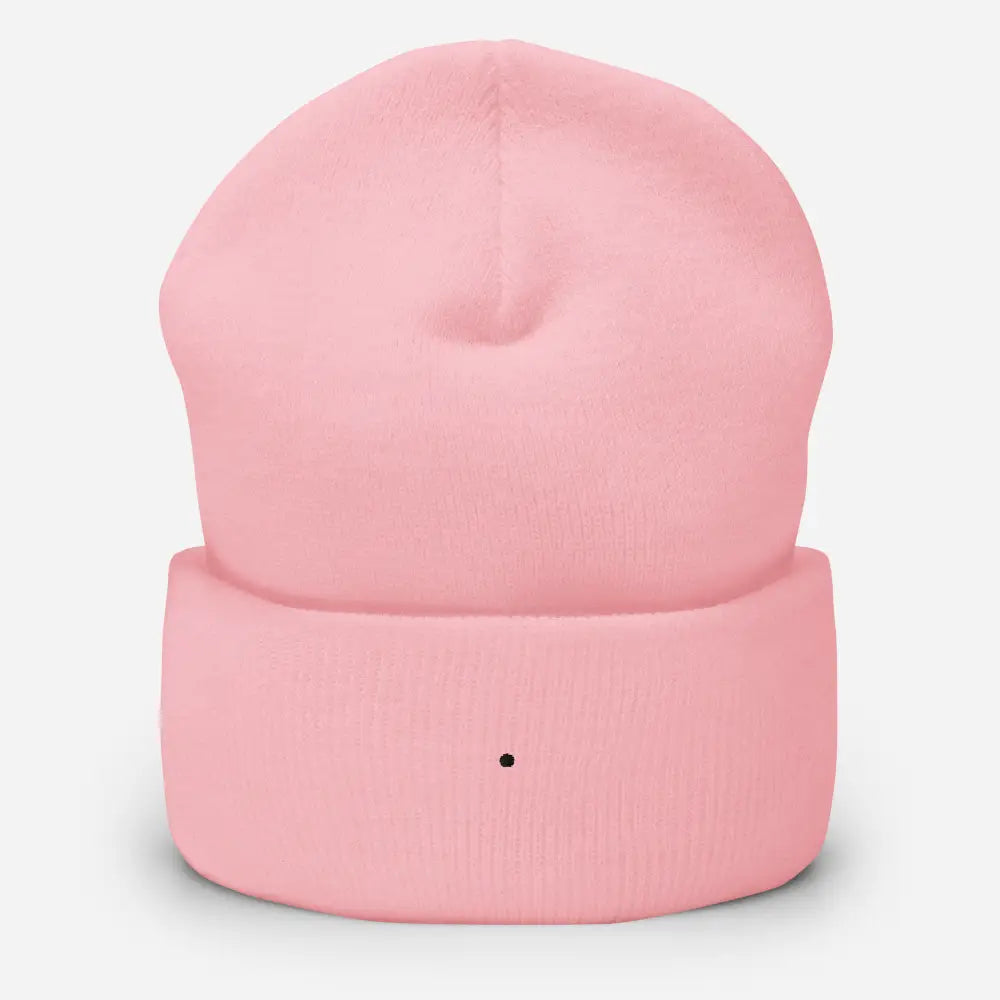 Unisex black cuffed beanie hat with pink beanie and black dot brim design