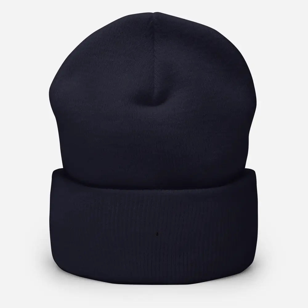 Unisex black cuffed beanie hat with navy ribbed texture and folded cuff