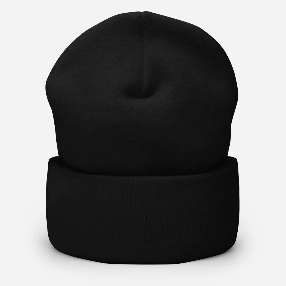 Unisex black cuffed beanie hat with ribbed texture and fold-over cuff