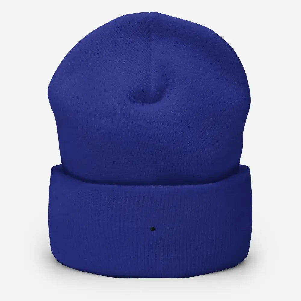 Unisex black cuffed beanie hat in royal blue with ribbed cuff and folded brim