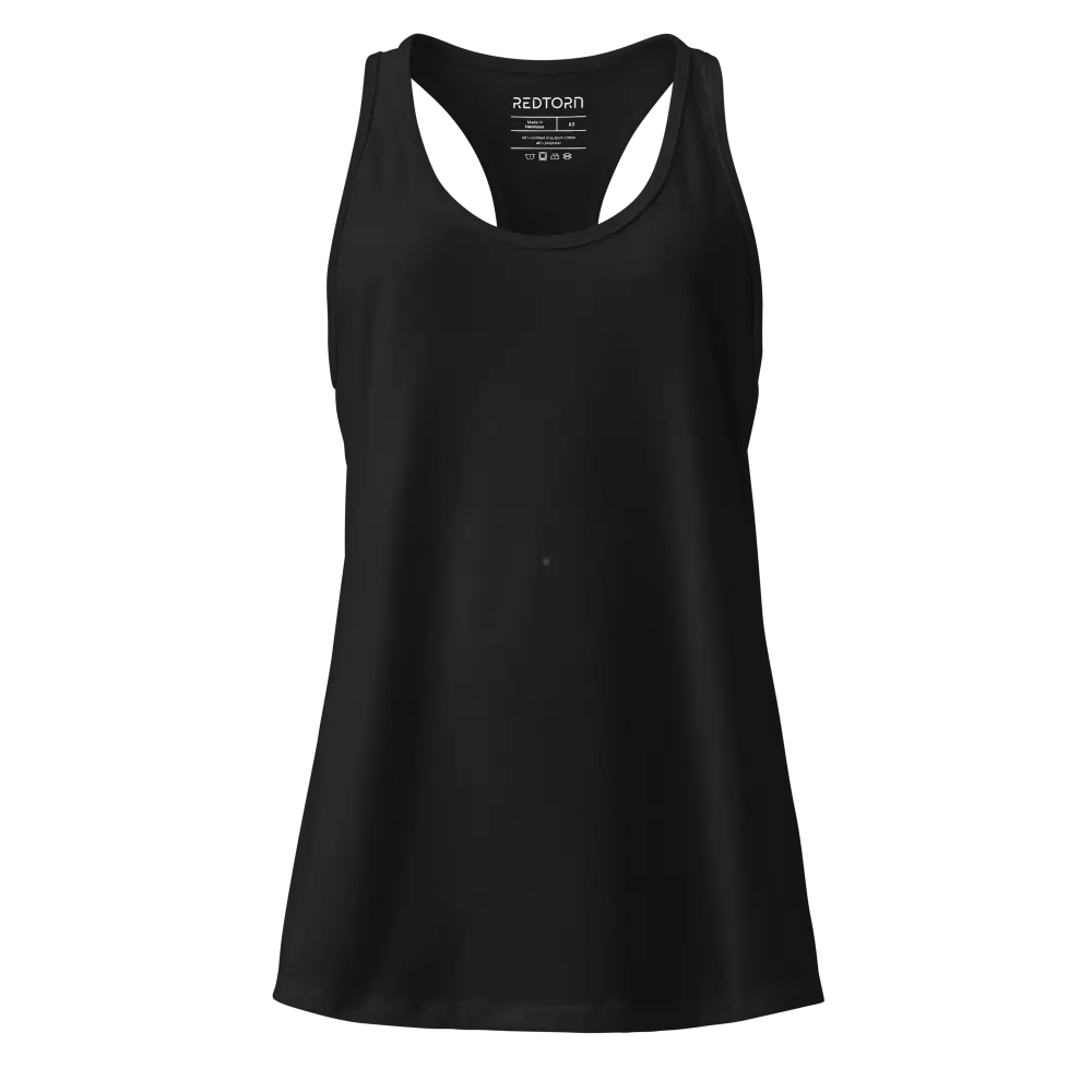 Unisex black racerback tank by Redtorn Clothing with scoop neck and ribbed hem