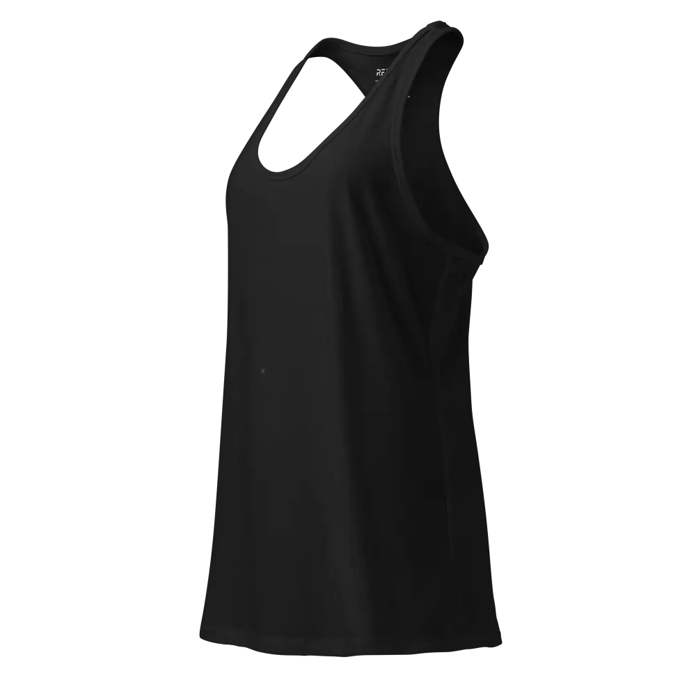 Unisex black racerback tank by Redtorn Clothing with thin straps