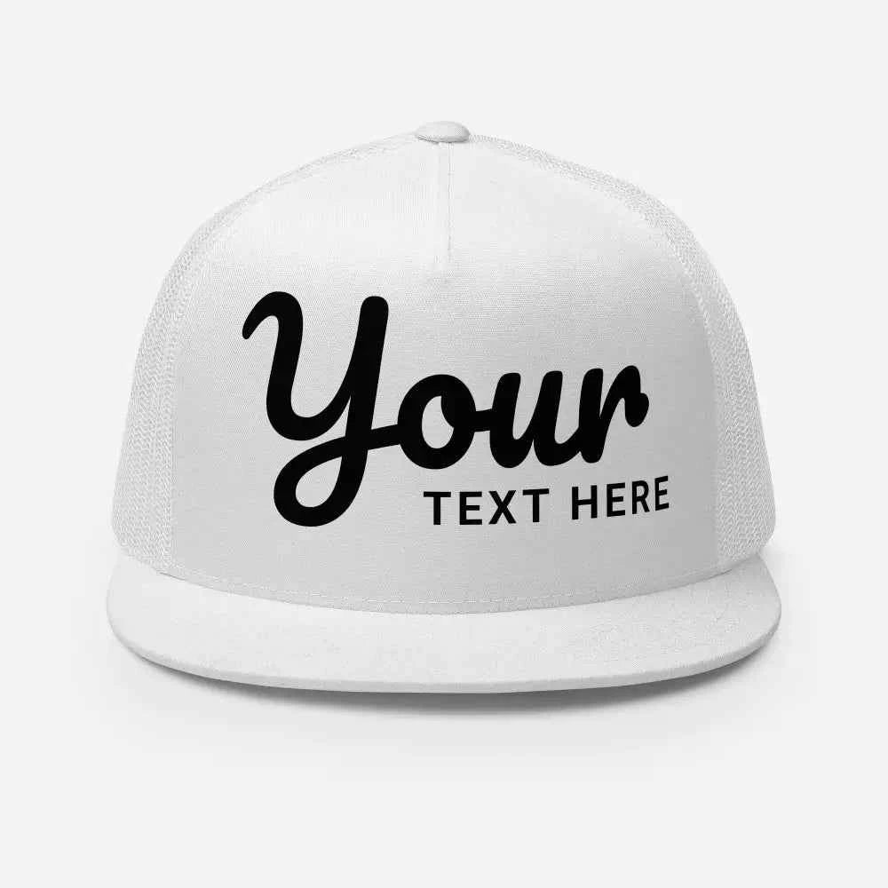 White mesh trucker cap with black custom design text, unisex headwear