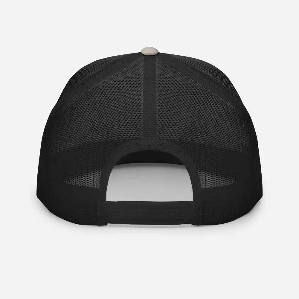 Black mesh trucker cap with adjustable strap, unisex headwear