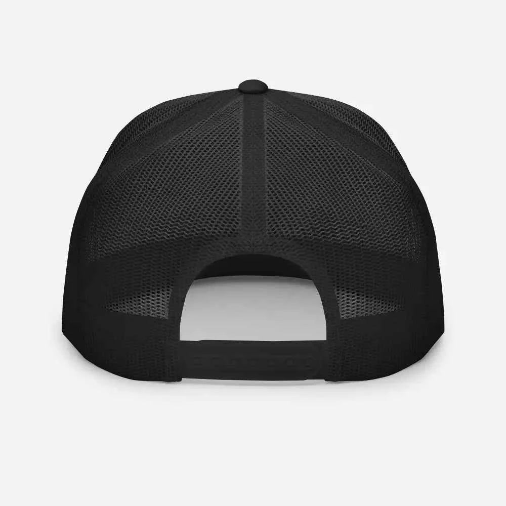 Black mesh trucker cap with adjustable strap and curved brim