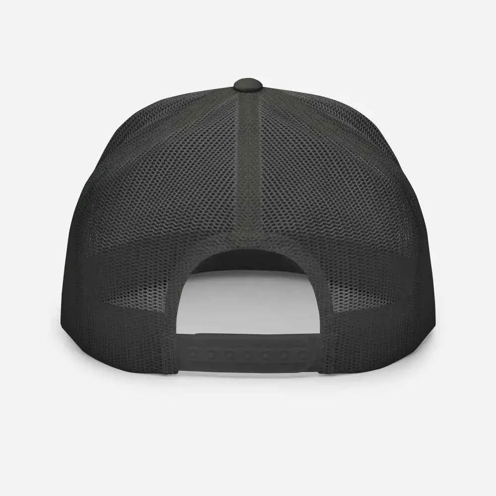 Black mesh trucker cap with adjustable strap and unisex headwear design