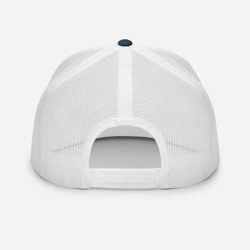 White mesh trucker cap with adjustable strap and button closure