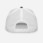 White mesh trucker cap with adjustable strap and button closure