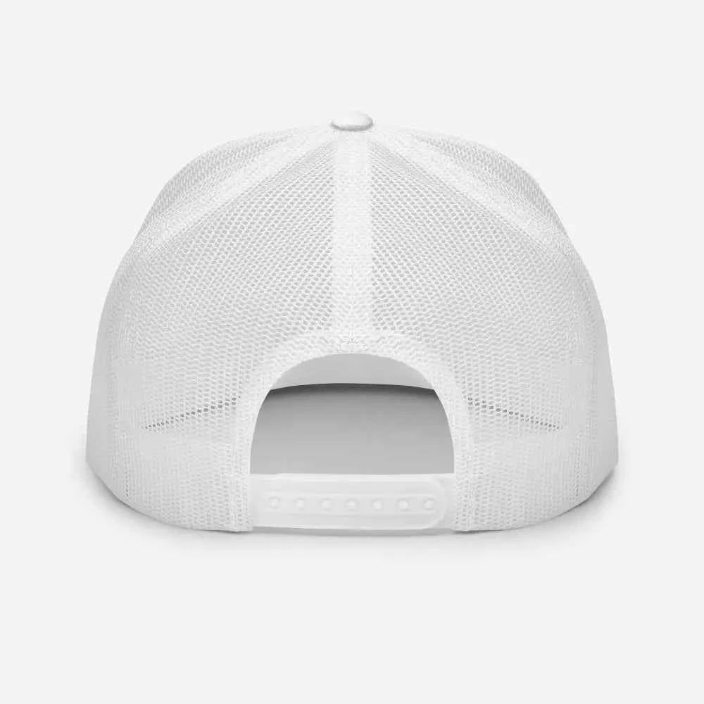 White mesh trucker cap with adjustable strap and curved brim