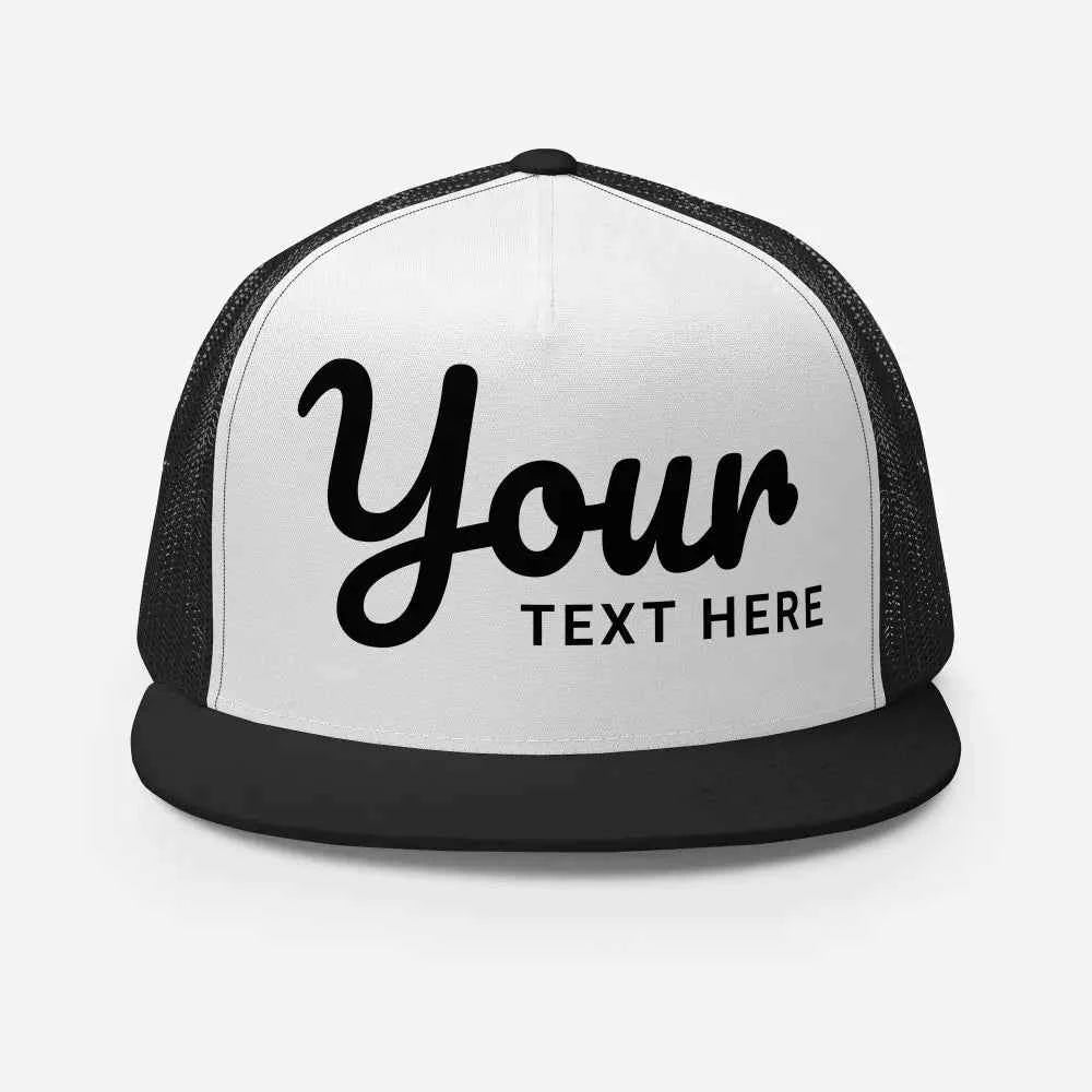 Black and white mesh trucker cap with cursive custom design