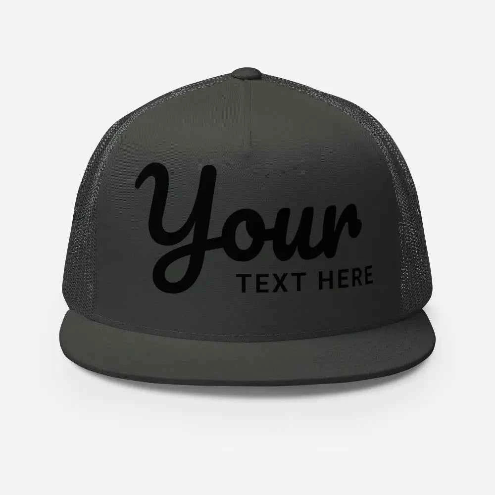 Charcoal gray mesh trucker cap with custom design text, unisex headwear