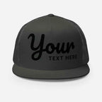Charcoal gray mesh trucker cap with custom design text, unisex headwear