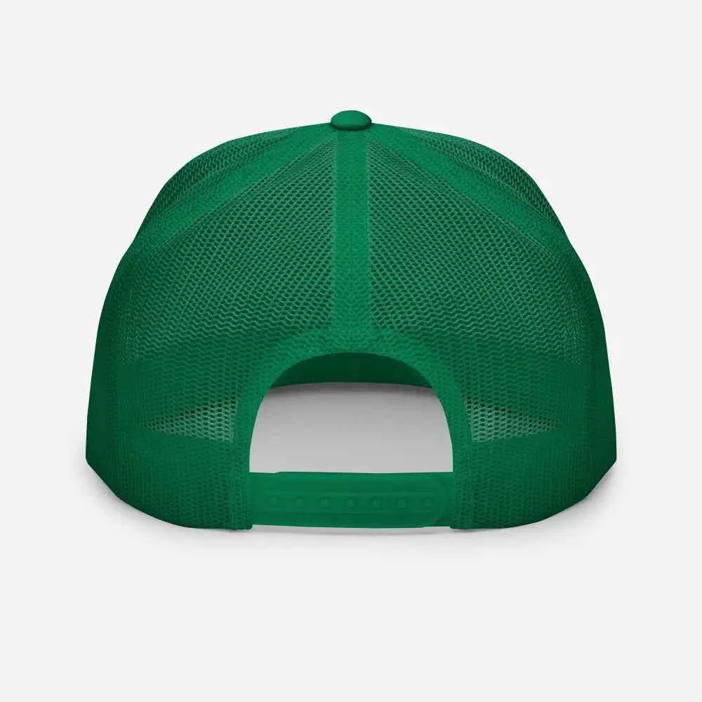 Green mesh trucker cap with adjustable strap and curved brim unisex headwear