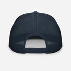 Navy blue mesh trucker cap with adjustable strap, unisex headwear