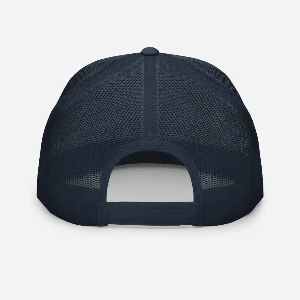Navy blue mesh trucker cap with adjustable strap, unisex headwear