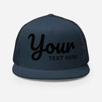 Navy blue mesh trucker cap with adjustable strap and curved brim