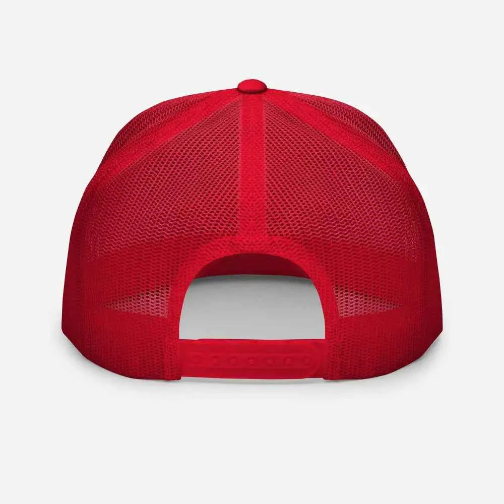 Red mesh trucker cap with adjustable strap, unisex headwear