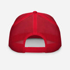 Red mesh trucker cap with adjustable strap, unisex headwear