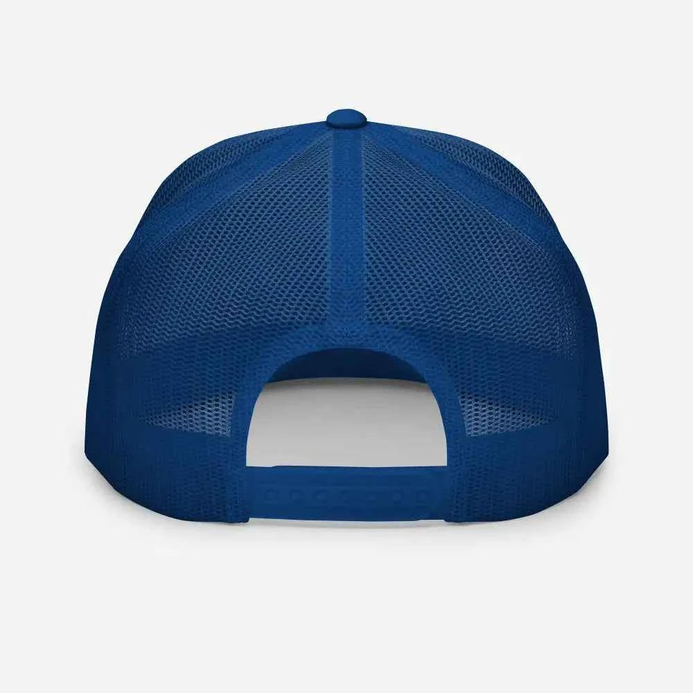 Royal blue mesh trucker cap with adjustable strap, unisex headwear