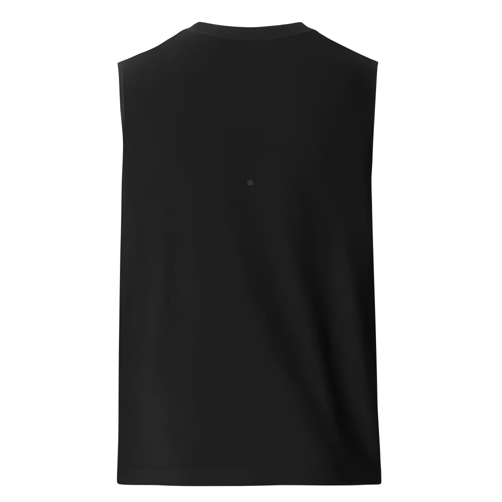 Unisex charcoal gray tank with black t-shirt style white logo, relaxed fit everyday wear