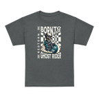 Charcoal gray unisex kids clothing tee with skull graphic design and born to ride text