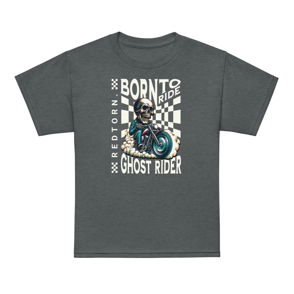 Charcoal gray unisex kids clothing tee with skull graphic design and born to ride text