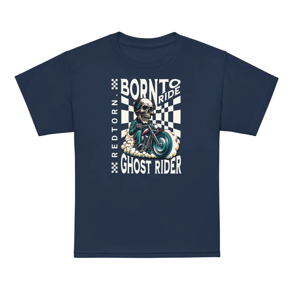 Unisex kids clothing Skull Check graphic tee with navy blue skull and motorcycle design