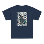 Unisex kids clothing Skull Check graphic tee with navy blue skull and motorcycle design