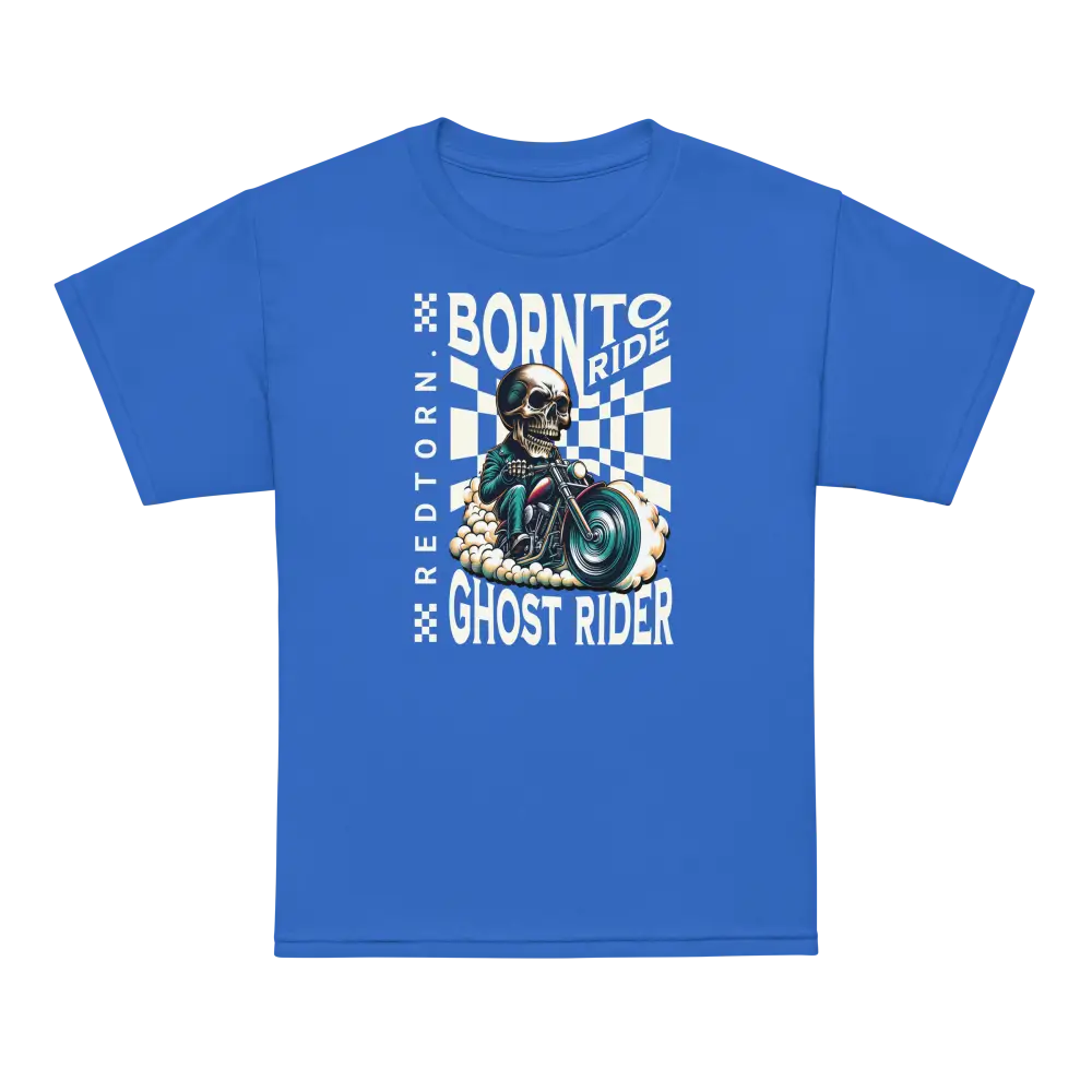 Royal blue Skull Check Kids Graphic Tee with skull and born to ride design