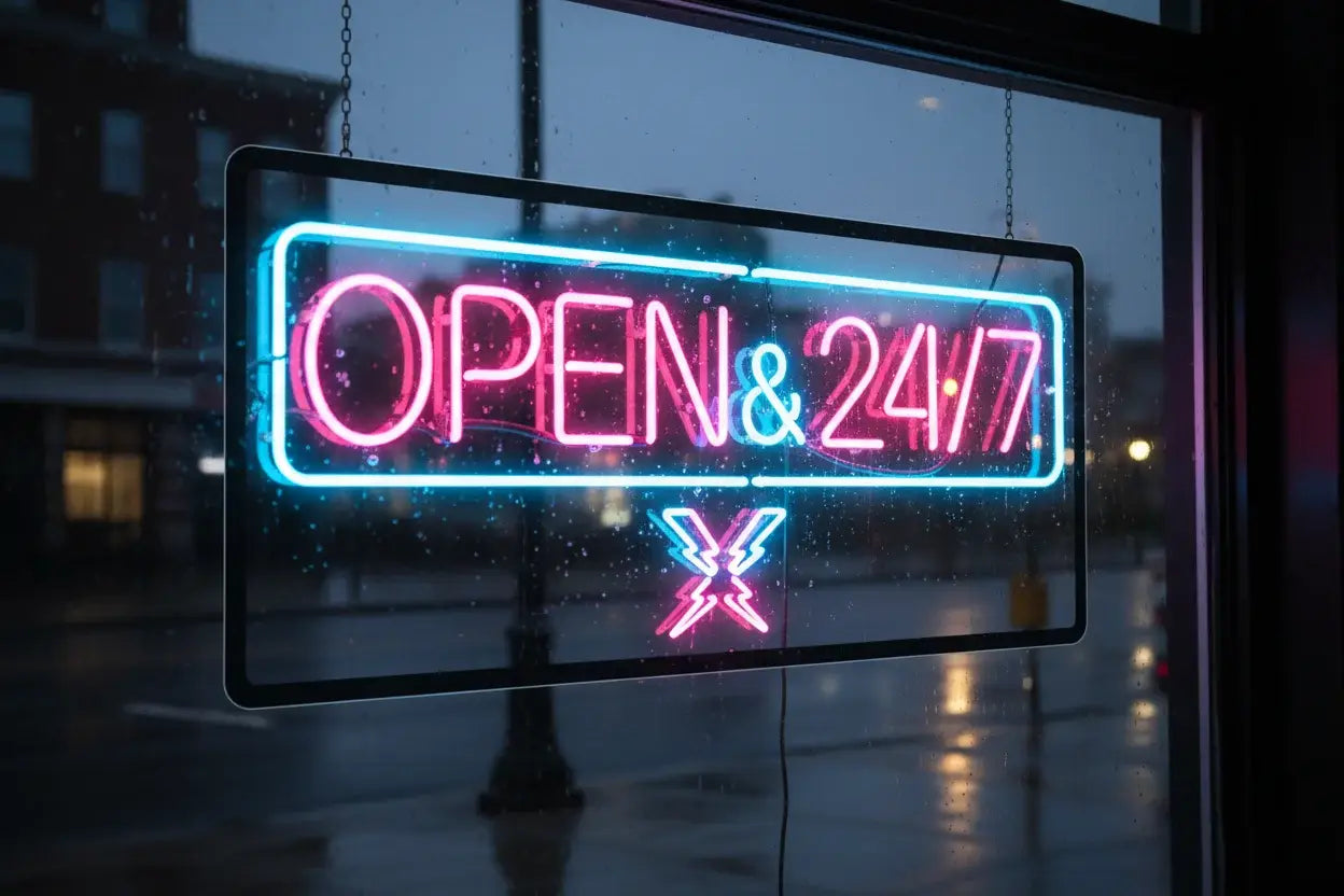 Vibrant neon open 24/7 sign with X logo for online streetwear