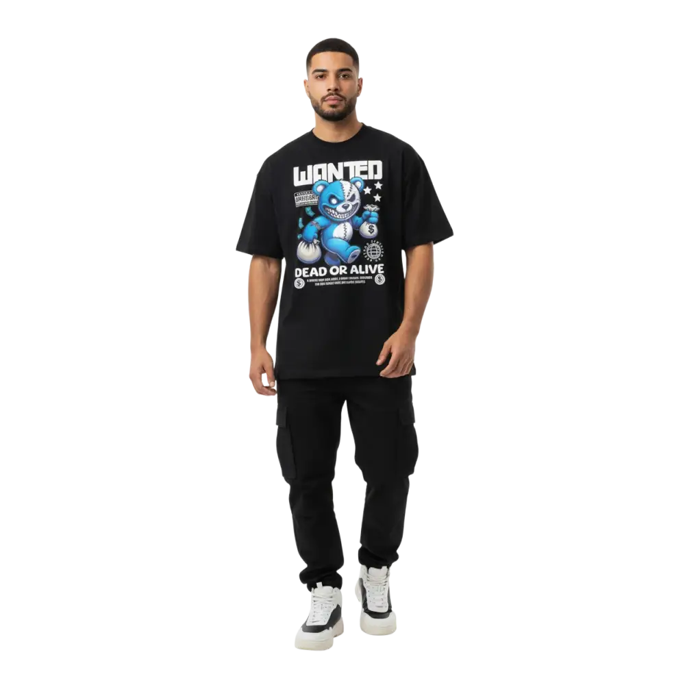 Black short-sleeved wanted bear cotton unisex classic t-shirt with blue cartoon bear graphic