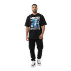 Black short-sleeved wanted bear cotton unisex classic t-shirt with blue cartoon bear graphic