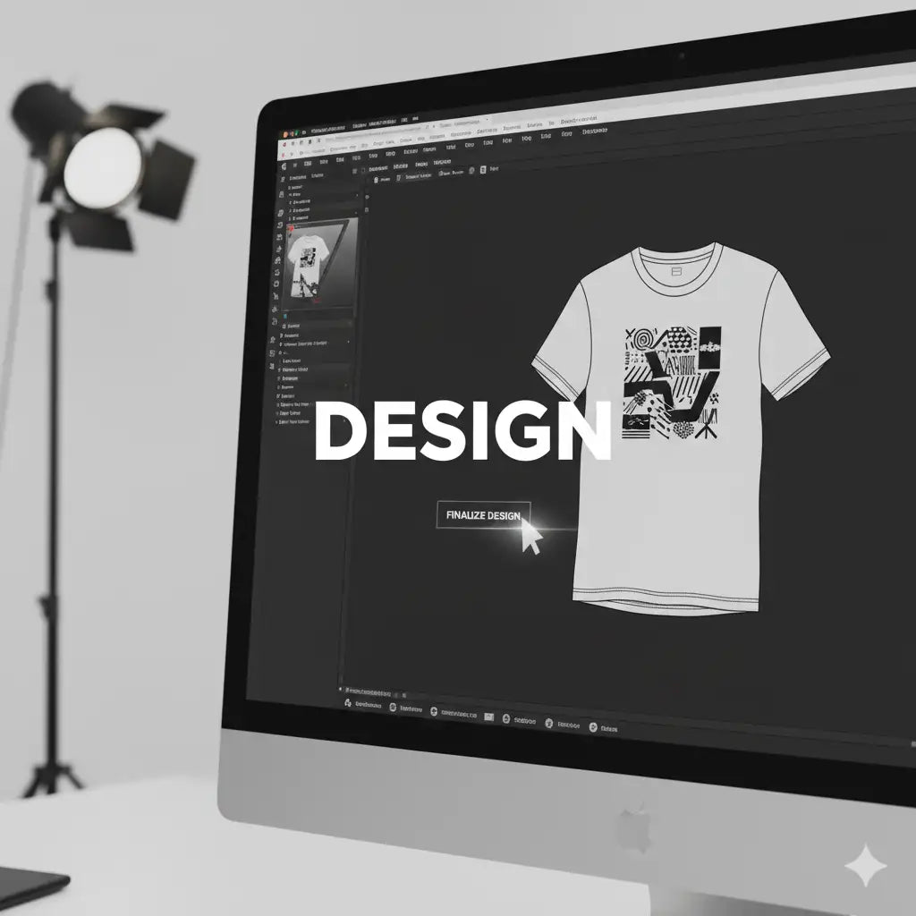 White t-shirt with black graphic design on computer screen.